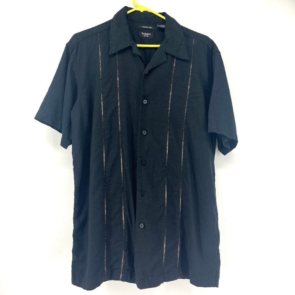 Haggar‎ Men's Black Linen Short Sleeve Collar Button Front Shirt Contrast Trim L
